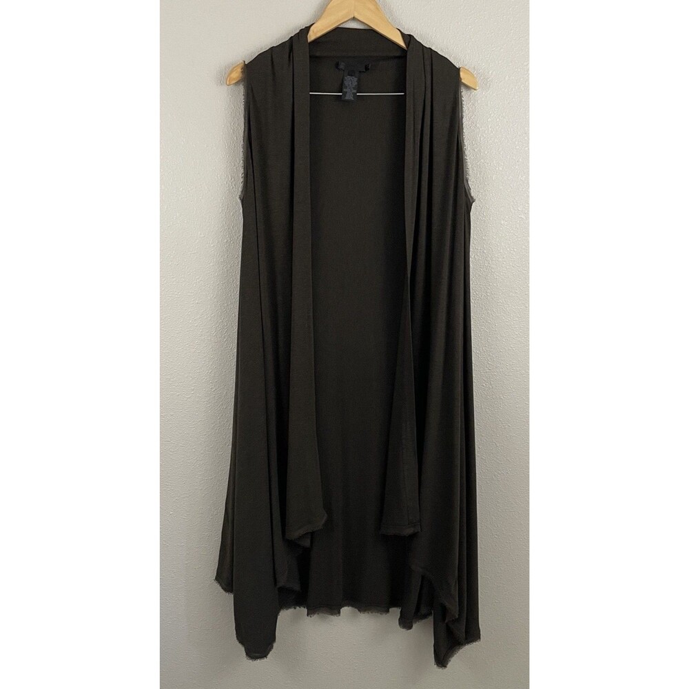 Vtg Donna Karan M Black Label 90’s Green Drapey Open Cardigan Silk Trim Longline